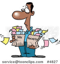 Cartoon Guy Carrying Bags of Bills and Receipts by Toonaday