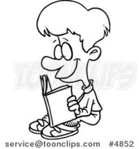Cartoon Black and White Line Drawing of a Happy Boy Reading by Toonaday