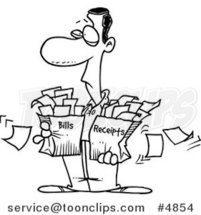 Cartoon Black and White Line Drawing of a Guy Carrying Bags of Bills and Receipts by Toonaday