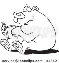 Cartoon Black and White Line Drawing of a Happy Bear Reading by Toonaday