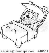 Cartoon Black and White Boy Sick with Measles Resting in Bed by Toonaday