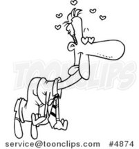 Cartoon Black and White Line Drawing of a Love Sick Business Man Floating by Toonaday