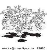 Cartoon Black and White Line Drawing of a Group of Leaping Lords, One on a Pogo Stick by Toonaday
