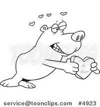 Cartoon Black and White Line Drawing of a Bear Holding a Be Mine Heart Box by Toonaday