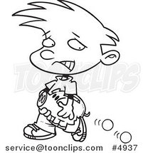 Cartoon Black and White Line Drawing of a Boy Losing Coins from His Piggy Bank by Toonaday