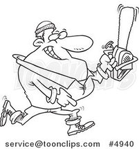 Cartoon Black and White Line Drawing of a Lumberjack Carrying a Saw by Toonaday