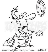 Cartoon Black and White Line Drawing of a Business Man with a Looming Deadline by Toonaday