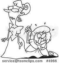 Cartoon Black and White Line Drawing of a Seamstress Tailoring a Bride's Dress at the Last Minute by Toonaday
