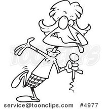 Cartoon Black and White Line Drawing of a Goofy Female Comedian by Toonaday