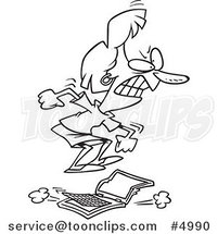 Cartoon Black and White Line Drawing of a Pissed Business Woman Stomping on a Laptop by Toonaday