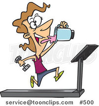 Cartoon Fit Lady Running on a Treadmill and Drinking Juice from a Blender by Toonaday