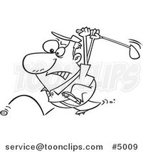 Cartoon Black and White Line Drawing of a Golfer Swinging at His Last Ball by Toonaday