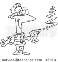 Cartoon Black and White Line Drawing of a Space Guy Using a Laser Gun by Toonaday