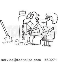 Cartoon Black and White Senior Couple Pulling out or Burying a Time Capsule by Toonaday