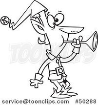 Cartoon Black and White Christmas Elf Blowing a Horn by Toonaday