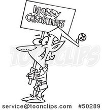 Cartoon Black and White Elf Carrying a Merry Christmas Sign by Toonaday