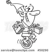 Cartoon Black and White Christmas Elf Carrying Gifts on a Unicycle by Toonaday