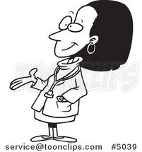 Cartoon Black and White Line Drawing of a Black Female Doctor by Toonaday
