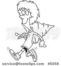 Cartoon Black and White Line Drawing of a Merry Lady Carrying a Christmas Tree by Toonaday