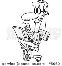 Cartoon Black and White Line Drawing of a College Boy Using a Laptop by Toonaday