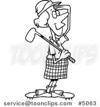 Cartoon Black and White Line Drawing of a Female Golfer Viewing by Toonaday