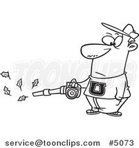 Cartoon Black and White Line Drawing of a Guy Using a Leaf Blower by Toonaday