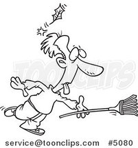 Cartoon Black and White Line Drawing of a Raking Guy Being Knocked out by a Falling Leaf by Toonaday