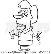 Cartoon Outlined Angry Lady Eating a Resolutions List by Toonaday