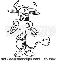 Cartoon Outlined Cow with Folded Arms, Munching on Carrots by Toonaday