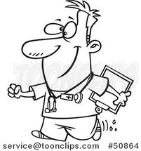 Cartoon Outlined Happy Nurse Carrying a Clipboard by Toonaday