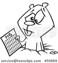 Cartoon Outlined Distressed Groundhog Holding a February Calendar by Toonaday