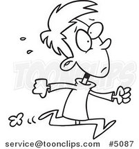 Cartoon Black and White Line Drawing of a Late Boy Running by Toonaday