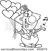 Cartoon Outlined Clown Singing and Holding Valentines Day Balloons by Toonaday