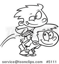 Cartoon Black and White Line Drawing of Two Boys Playing Leap Frog by Toonaday