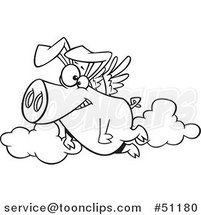Cartoon Outlined Happy Pig Flying by Toonaday