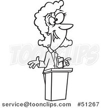 Cartoon Outlined Happy Lady Speaking at a Podium by Toonaday