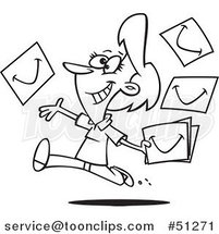 Cartoon Outlined Happy Lady Running and Tossing Smiles by Toonaday