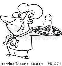 Cartoon Outlined Happy Italian Chef Holding a Pizza Pie by Toonaday