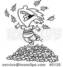 Cartoon Black and White Line Drawing of a Little Boy Playing in Leaves by Toonaday