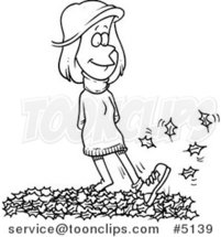 Cartoon Black and White Line Drawing of a Lady Walking in Leaves by Toonaday