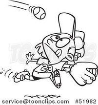 Cartoon Outlined Focused Girl Running to Catch a Baseball by Toonaday