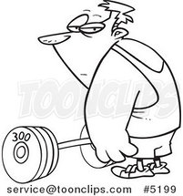 Cartoon Black and White Line Drawing of a Guy Standing by a Barbell by Toonaday