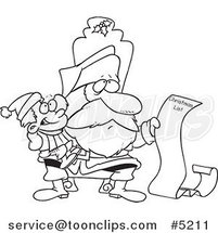 Cartoon Black and White Line Drawing of Santa Reading a Boy's Long Christmas List by Toonaday