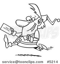 Cartoon Black and White Line Drawing of a Christmas Elf Running with a Letter for Santa by Toonaday