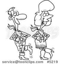 Cartoon Black and White Line Drawing of a Couple Line Dancing by Toonaday