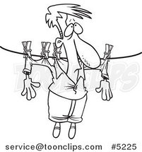 Cartoon Black and White Line Drawing of a Guy Hung out to Dry on a Clothes Line by Toonaday