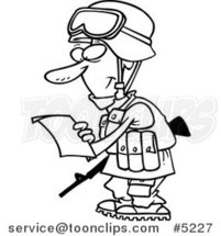 Cartoon Black and White Line Drawing of a Soldier Reading a Letter by Toonaday