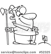 Cartoon Black and White Proud Guy Standing with a Hoe over Planted Carrots by Toonaday