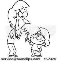 Cartoon Black and White Sweet Boy Giving His Mom a Flower by Toonaday