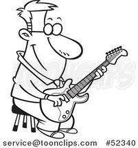 Cartoon Black and White Happy Guy Playing a Guitar on a Stool by Toonaday